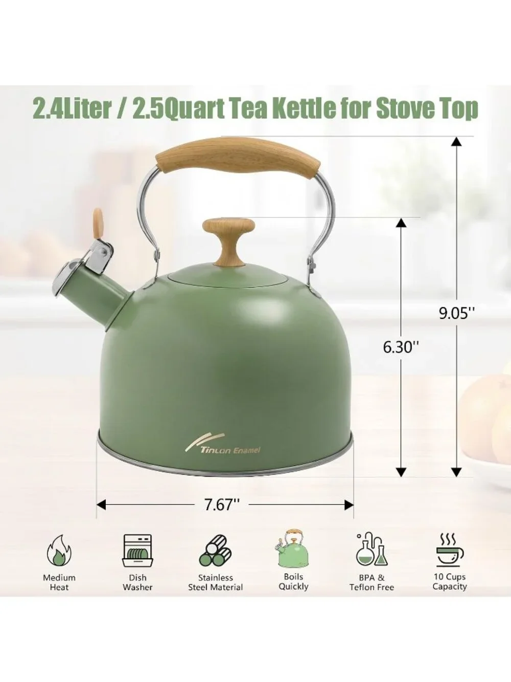 Green Stainless Steel Whistling Tea Kettle 2.4L Stovetop Induction Gas Handle